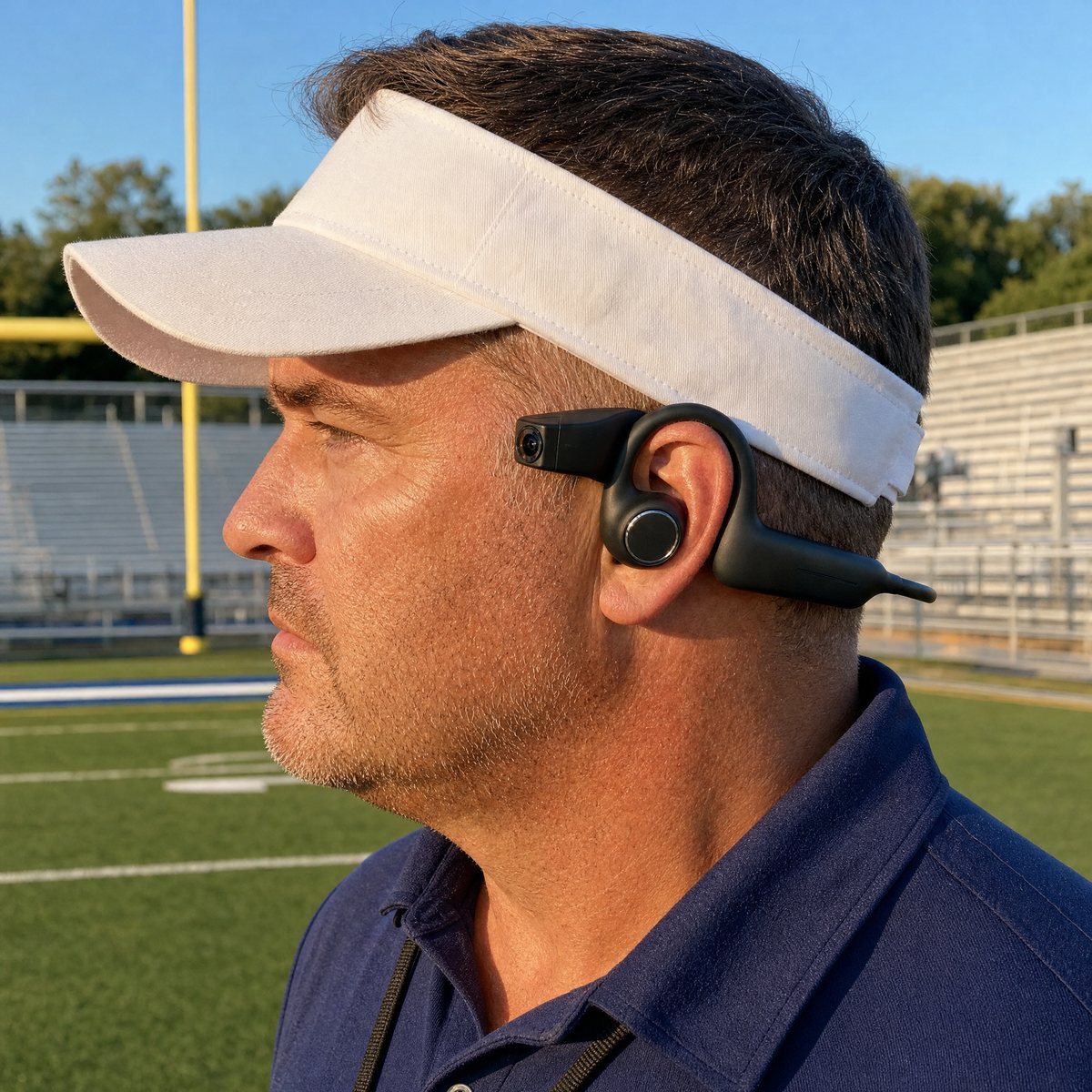 Coach wearing the SIDELINEPOV headset under a visor